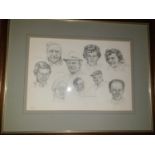 A pencil sketch of famous men in Racing by D C Tallon.
