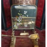 An Art Nouveau Brass Screen along with a quantity of fireside items.