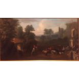 18th Century Dutch School. An Oil on Canvas of an extensive classical landscape with Drovers,