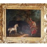 Attributed to George Armfield. A Rare Oil on Canvas of a Woman feeding a horse with a foal. Signed