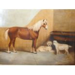 In the manner of Armfield. A large oil on canvas, dogs and a pony in a stable interior. 77 x 64 cms.