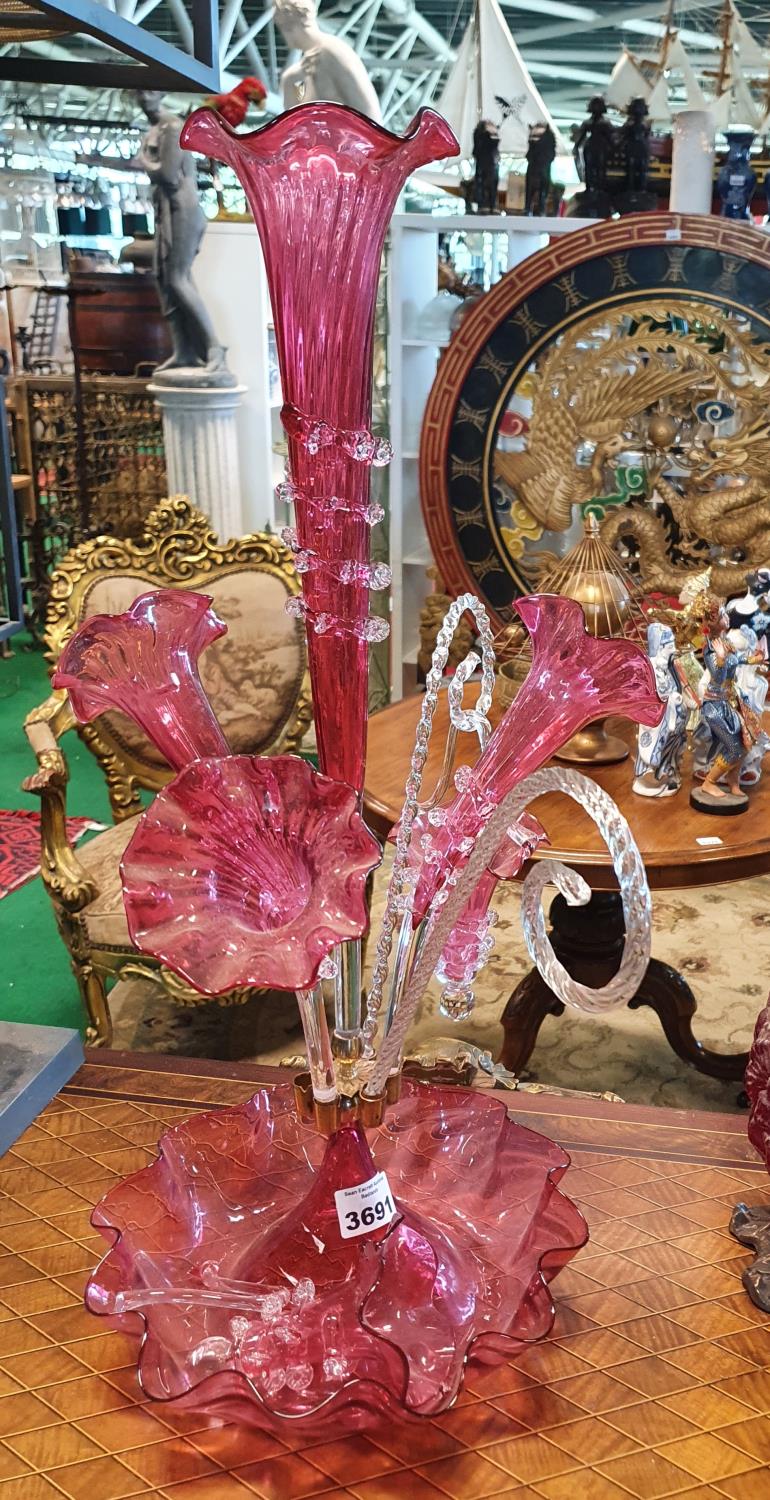 A 19th Century Cranberry Glass Epergne with faults. (1) (20).