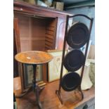 A 19th Century Yew Wood Wine Table along with a three tier folding cake stand.