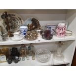 Two shelves of Items to include a Crystal Table Lamp, probably Waterford and other items.