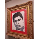 In the style of Banksy, a stencil silhouette oil on canvas of Mohammad Ali. Signed K Monaghan. 08.