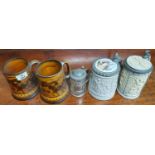 Two early 20th Century Macmillan Ridgways Tankards together with three 19th Century German