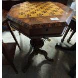 A 19th Century Parquetry and Walnut Sewing Box on a tripod base.