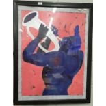 A large Oil on Paper of a Trumpet Player by T. Southall. Signed and dated LT '87. 58 x 76 cms.