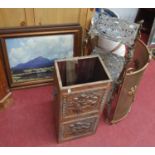 A Brass three tier Plant Stand, a stick stand along with two Paul Henry coloured prints.