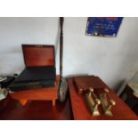 A 19th Century Brass and leather covered travelling Table top Desk, a pair of 19th Century brass