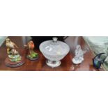 A Waterford Crystal Bird, an iridescent fish, bon bon dish and other animal figures.