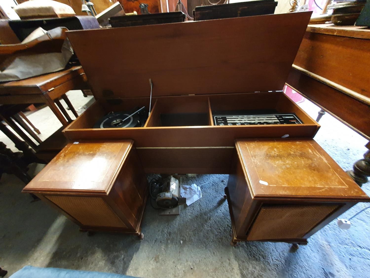 A mid 20th Century Walnut Veneered Music System with twin speakers.