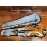 A 3/4 size Violin with a nice tiger grained back, with bow in a timber case.