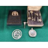 A collection of Silver items to include a Silver perfume Flask, miniture Funnell along with a set of