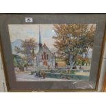 A mid 20th Century Watercolour of a town square with a church in the background by John F Baker.