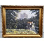 A 20th Century Oil on Canvas of a river scene by John J Kerry. Durham Cathedral. Signed LR.