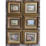 A set of Six silk paneled Pictures in gilt frames.