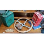 A Vintage Timber and Aluminium Steering Wheel, an Esso oil can along with other items.