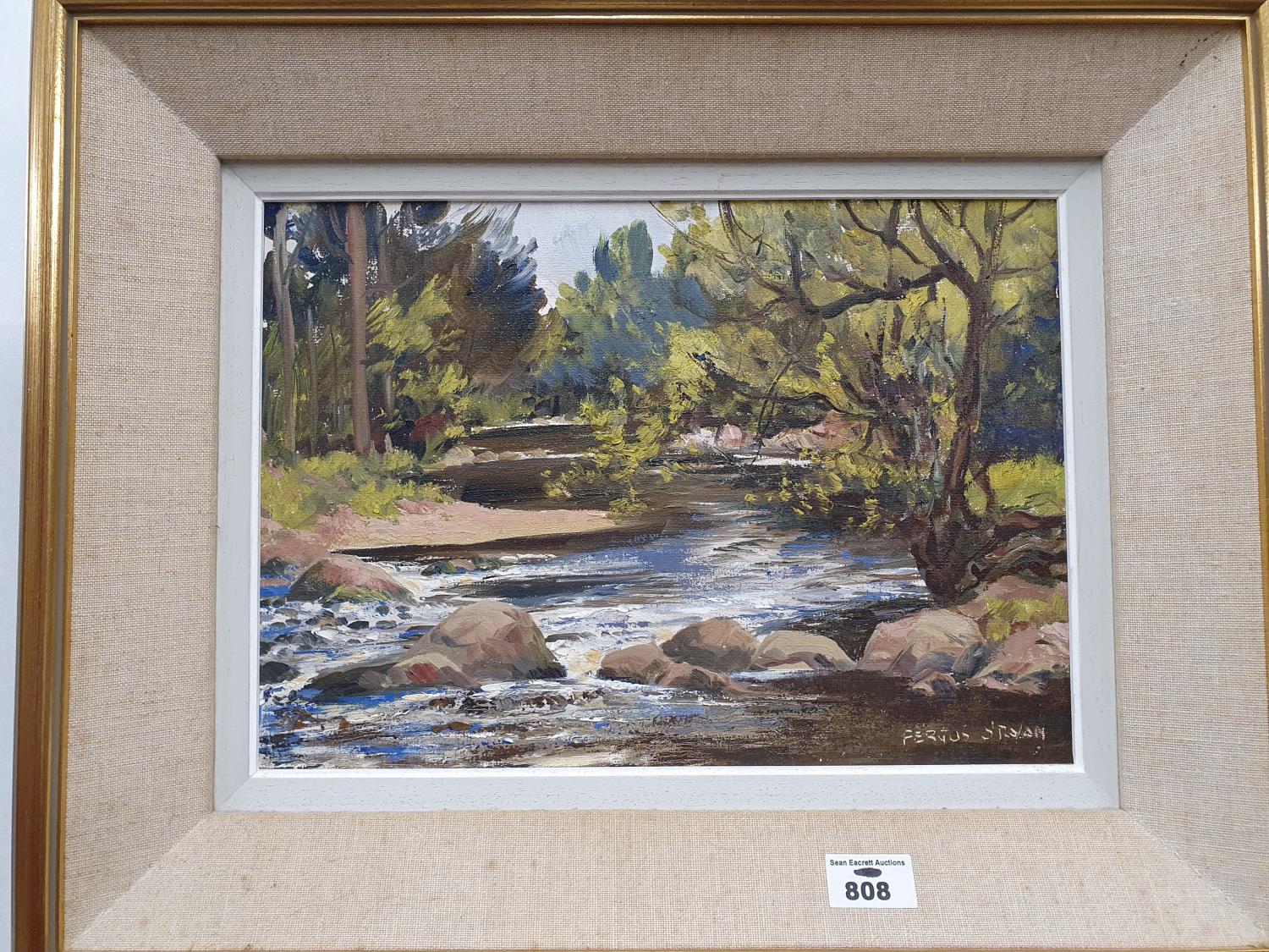 A small Oil on Canvas of a river in Laragh Co Wicklow by Fergus O'Ryan. 36 x 26 cms.