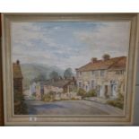 A large Oil on Canvas of a Village scene by Pat Marshall. 61 x 51 cms.