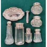 A Birmingham silver Dish, another silver novelty Holder along with a group of silver topped Bottles.