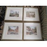 A set of four signed Coloured Prints of village scenes. 19 x 15.5cm., along with another.