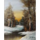 An oil on paper of a winter scene signed LR (38w x 48)along with a large coloured Print of Ducks.75w