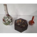 An unusual Metal Oriental Pot( H 5cms)along with two bud vases.