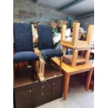 A good oak style Cabinet,two Chairs,two poofs,three natural timber tables etc.