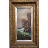 A 19th Century oil on canvas of a seascape of seagulls on a cliff in a good gilt frame.27w x 60 cms.