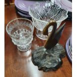 A Kilkenny Crystal Centrepiece along with another and an Oak hand carved centrepiece.