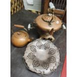 A very large 19th Century Copper Spirit Kettle along with a plated Tazza and another smaller Kettle.