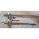 A group of nine prop swords and Scabbards.