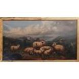 A large 19th Century Oil on Canvas of sheep with a ruin in background by J.W. Morris signed and