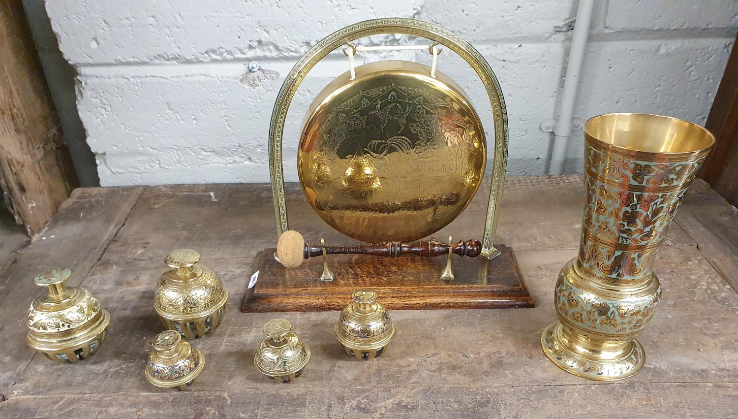 A good brass dinner Gong, a quantity of Bells and a Vase etc.