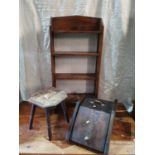 A 19th Century open Bookshelves, two oak tables, coal scuttle and small table.