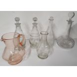 An Edwardian etched Glass Decanter along with other decanters and bowls.