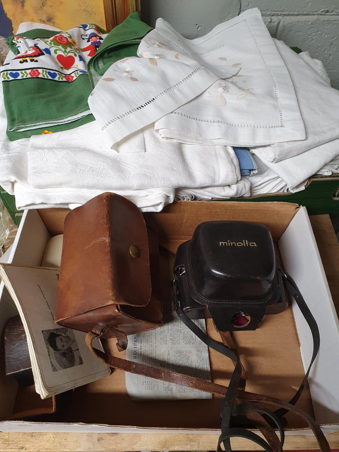 A quantity of vintage Tins, Cameras and Linen along with a box of music Scores etc.