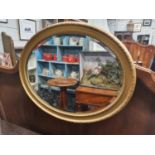 A 19th Century oval gilt Mirror along with a coloured print of cattle an a river.