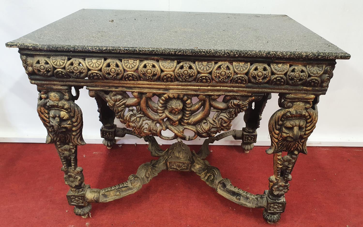 KING AELLE CAMP: A very heavy highly carved Metal Table.90w x 60 x 70h cms.