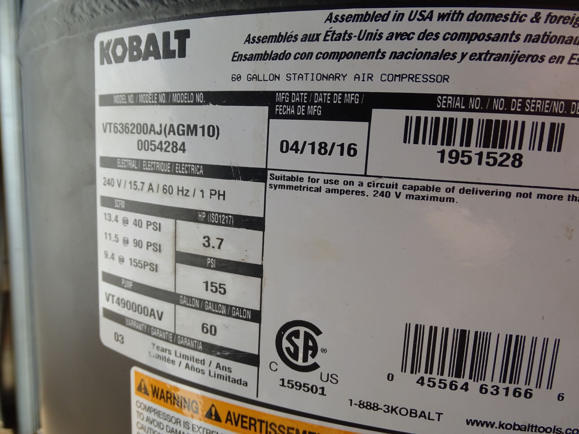 Kobalt 60 Gallon Stationary Air Compressor H5492 - Image 7 of 7