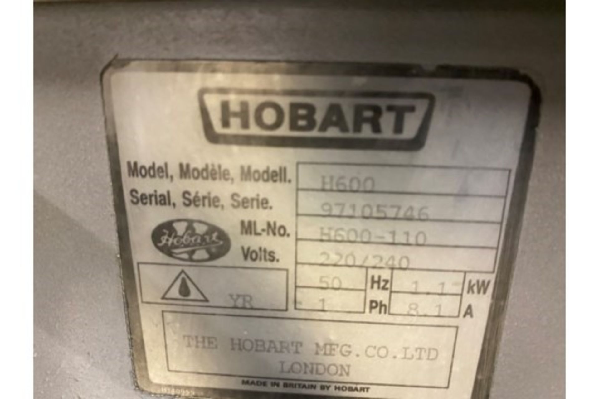 Hobart 60 Quart Dough Mixer Model H600, - Image 7 of 9