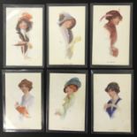 COMPLETE SET OF SIX GLAMOUR POSTCARDS OF WOMEN WITH HAT BY F E WILES