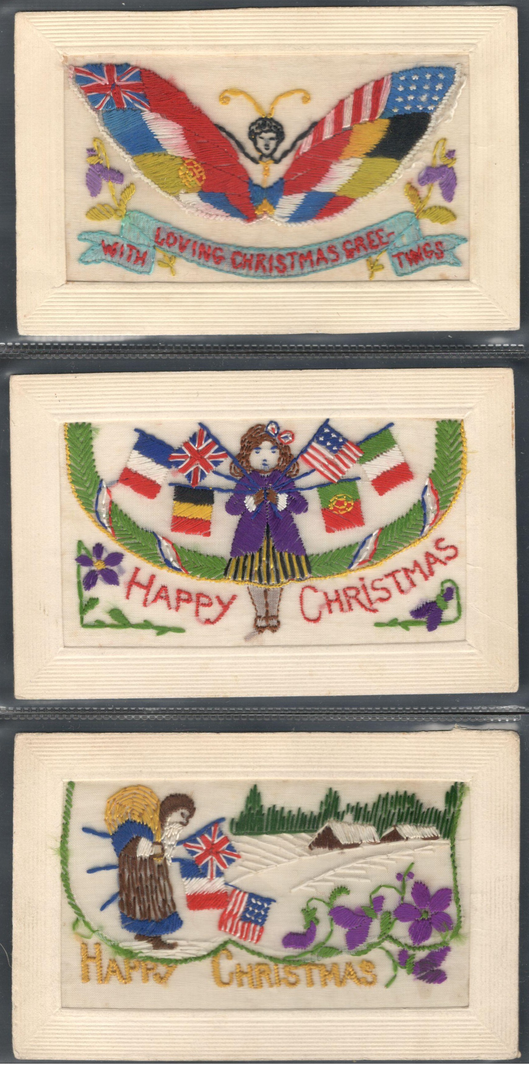 FIVE EARLY EMBROIDERED SILK POSTCARDS IN VARIOUS CONDITION