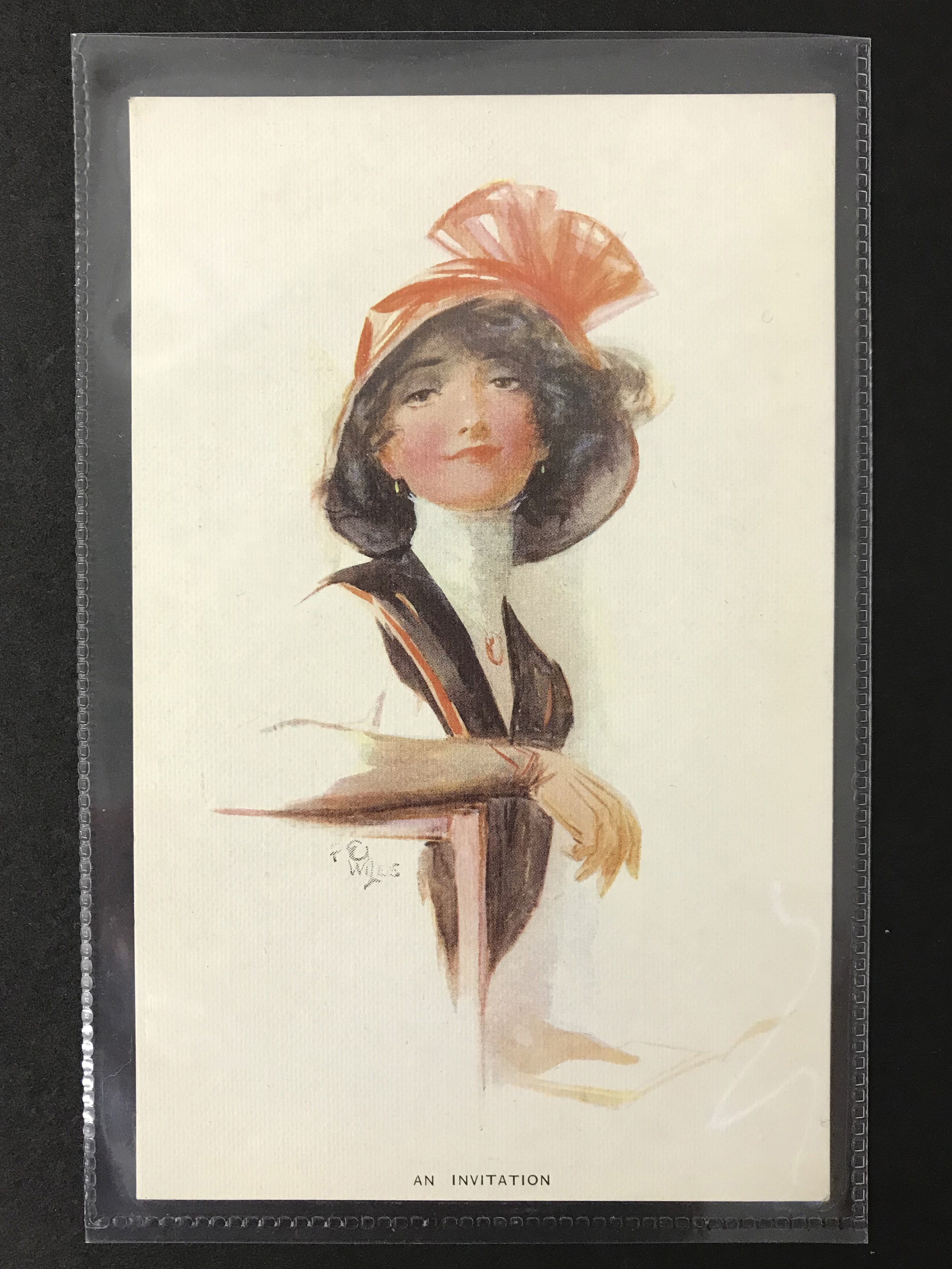 COMPLETE SET OF SIX GLAMOUR POSTCARDS OF WOMEN WITH HAT BY F E WILES - Image 4 of 8