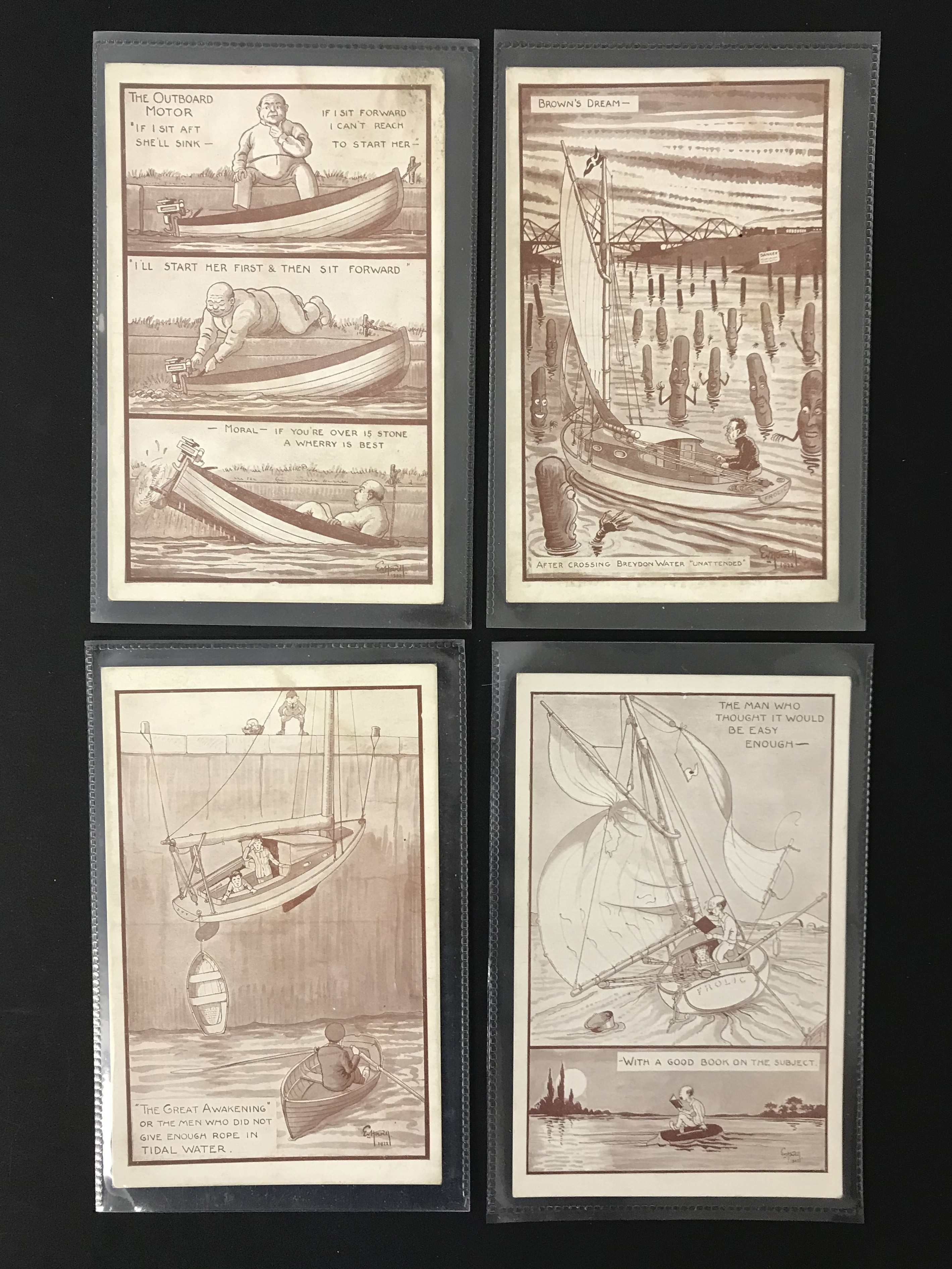 NORFOLK BROADS IN ACCEPTABLE CONDITION - COMPLETE SET OF TWELVE ARTIST SIGNED COMIC POSTCARDS - Image 2 of 4
