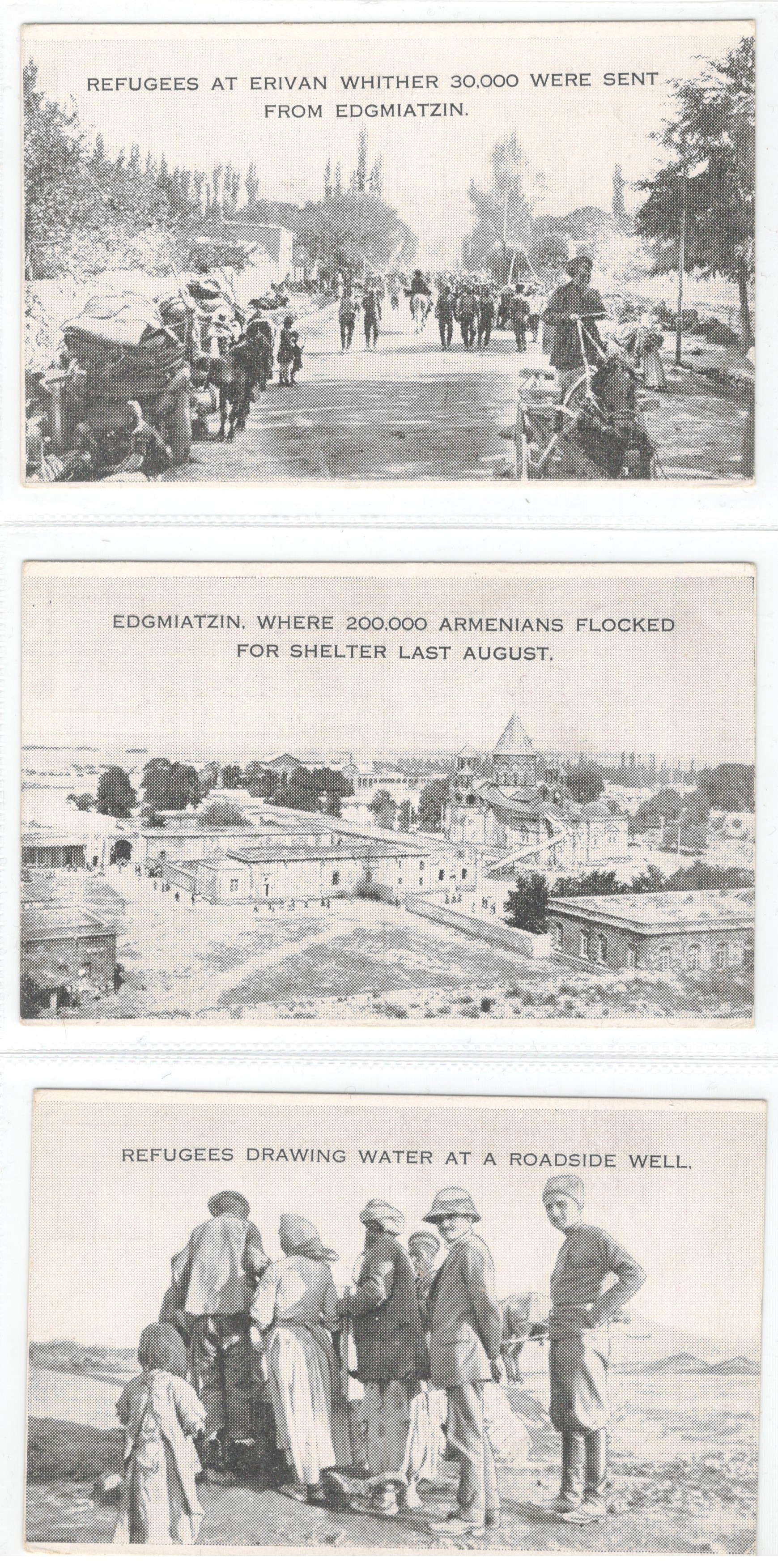 3 PRINTED POSTCARDS PHOTOGRAPHS OF ARMENIAN REFUGEES AT EDGMIATZIN & ERIVAN PHOTOS BY M.P. ARAKIEL