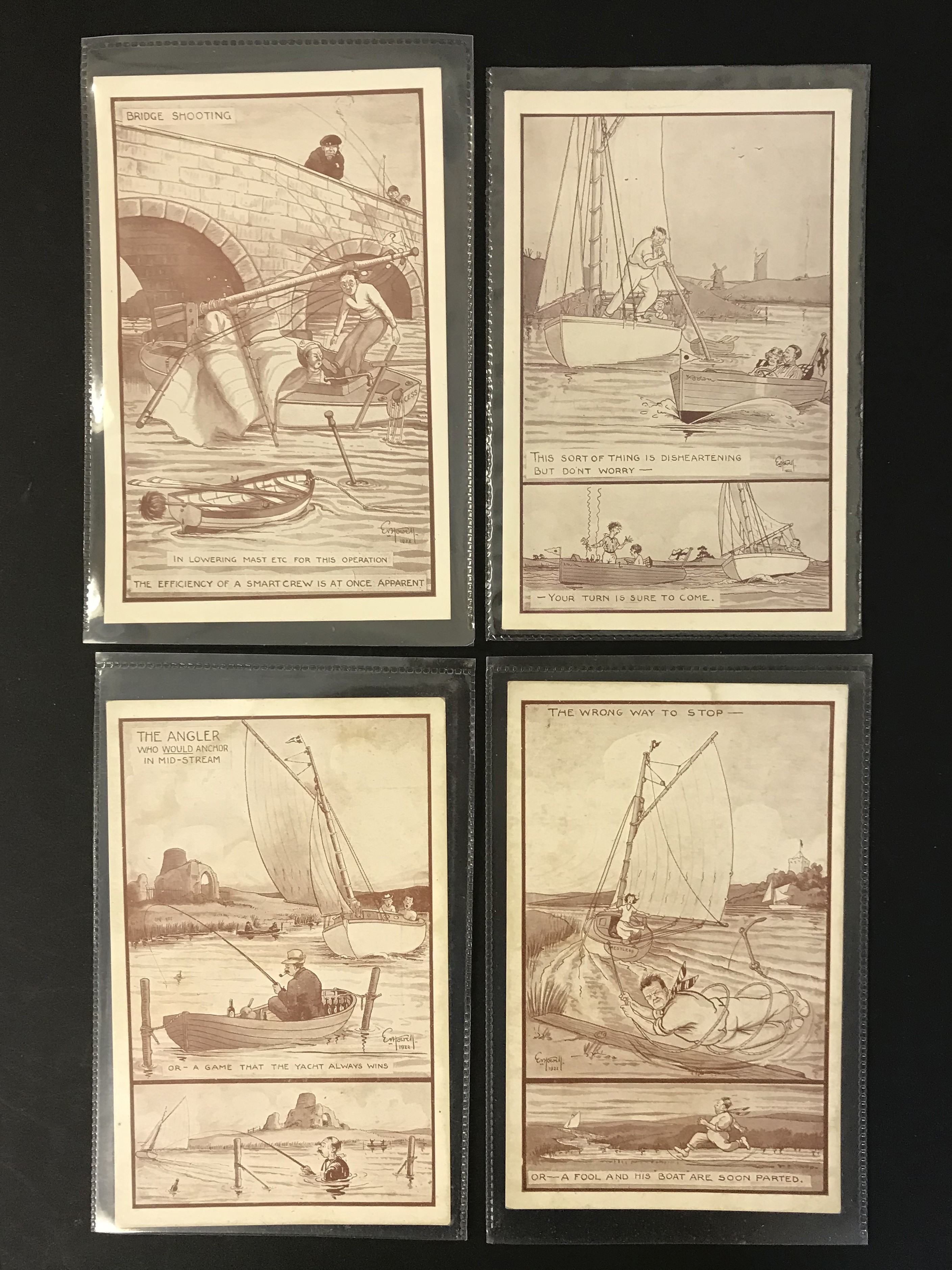 NORFOLK BROADS IN ACCEPTABLE CONDITION - COMPLETE SET OF TWELVE ARTIST SIGNED COMIC POSTCARDS - Image 3 of 4