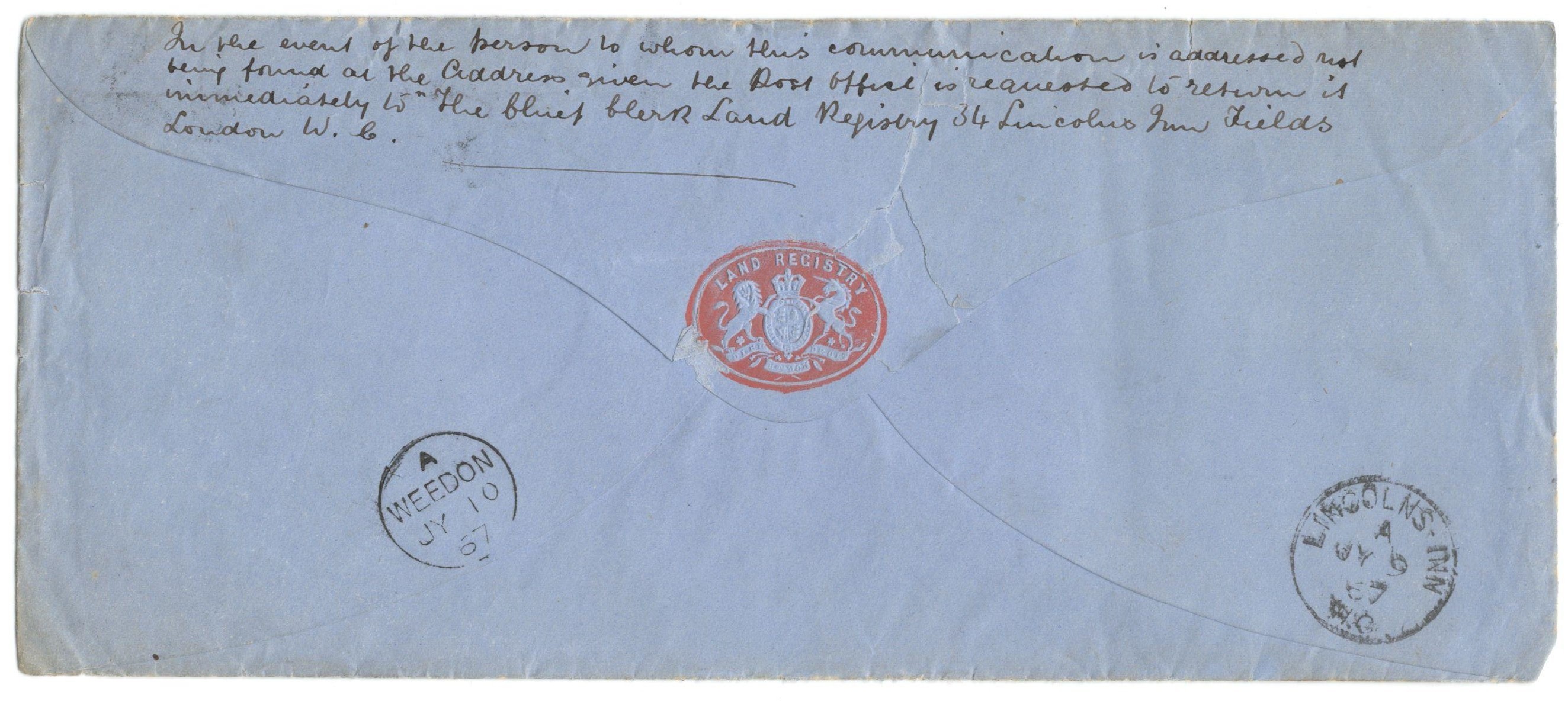 COVER FROM 1867 TO LAND REGISTRY WITH 4 PENCE AND ACCOMPANYING LETTER WITH FISCAL STAMP - Image 2 of 3