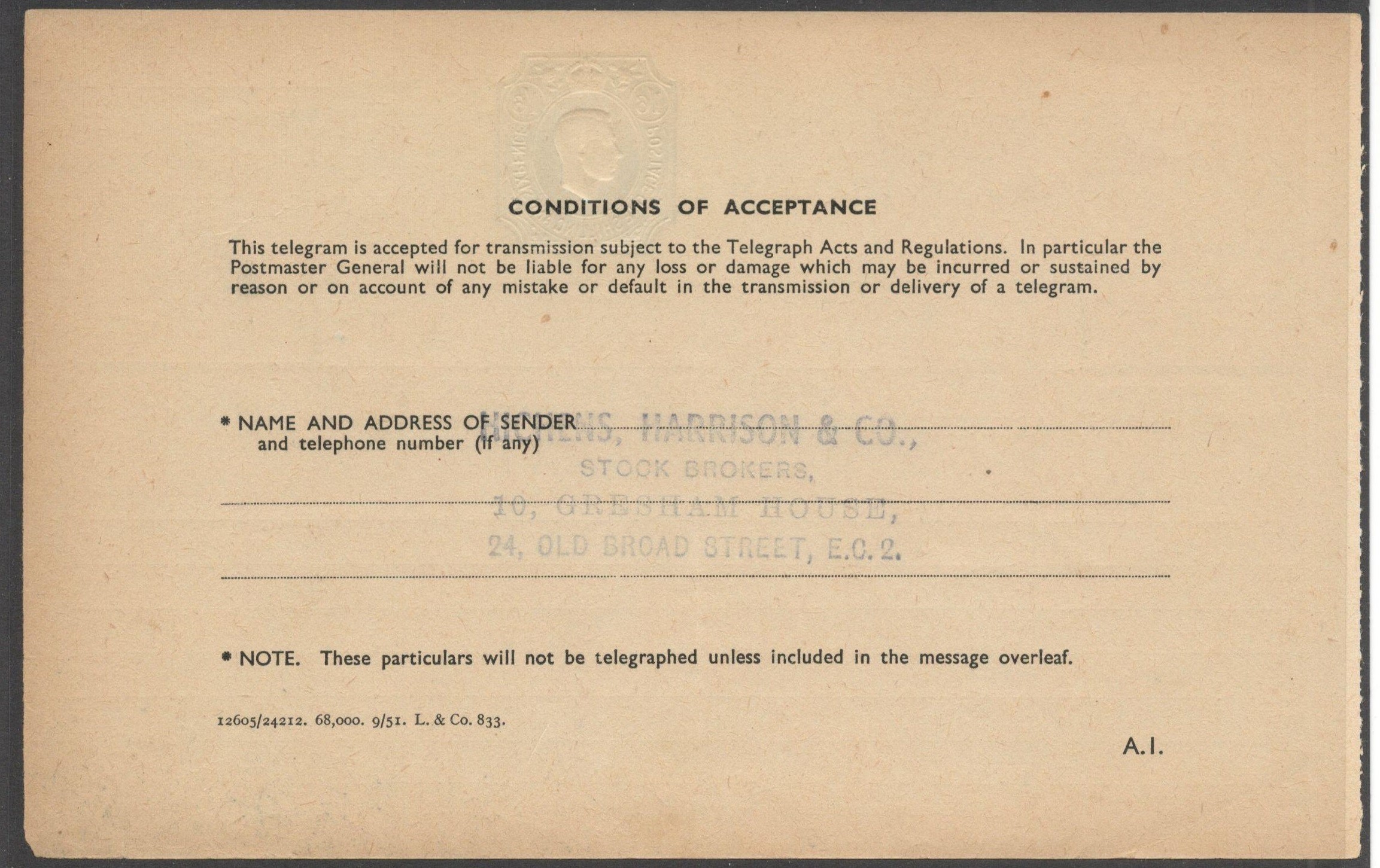 POST OFFICE INLAND TELEGRAM 1951 KGVI TELEGRAPH FORM 1 SHILLING 6 PENCE - Image 2 of 2